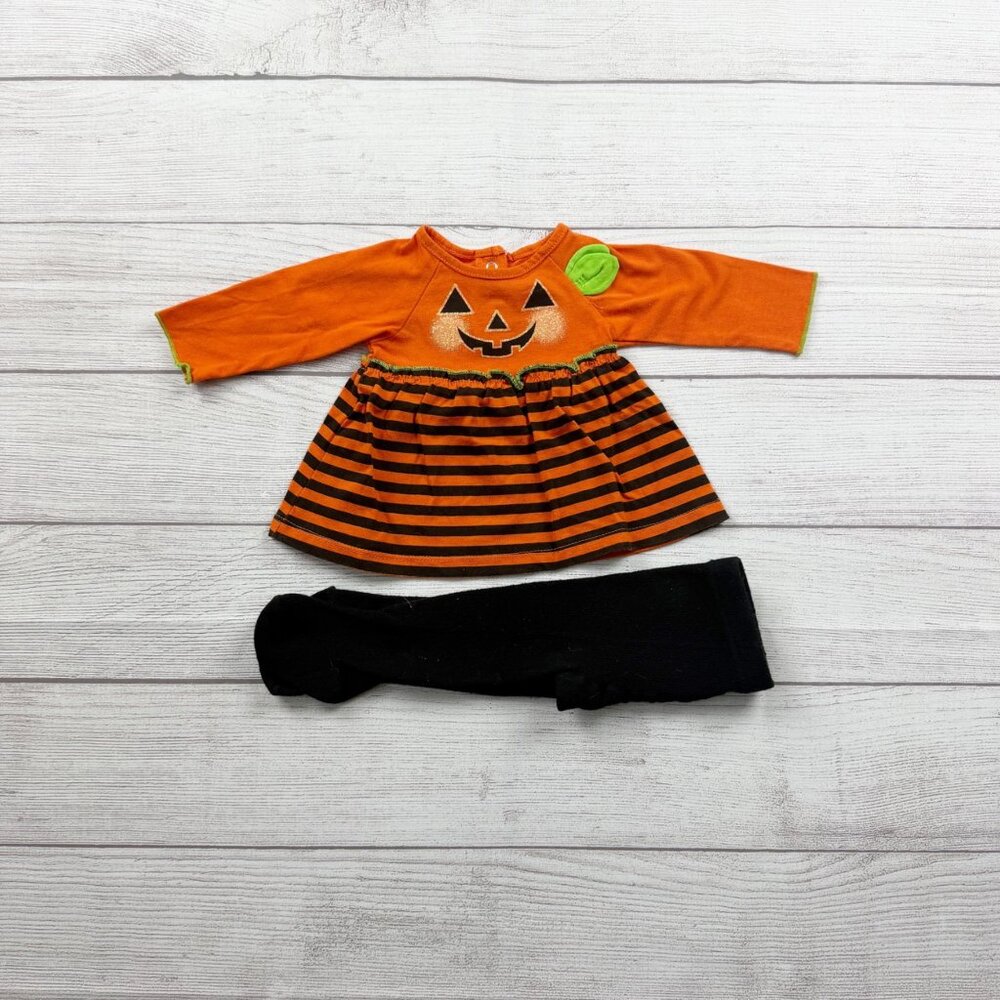 Halloween Pumpkin Dress Outfit Set Striped Dress + Black Tights Newborn